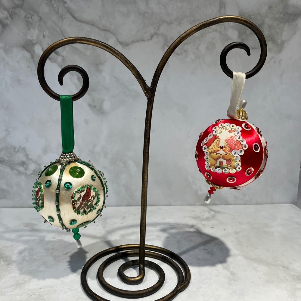 Vintage Handmade Satin Push Pin Christmas Ornaments Red Bear White Cardinal 2pc